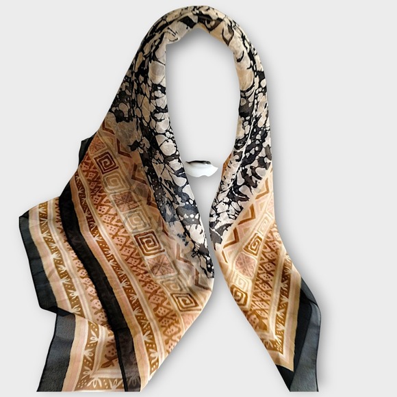 Silk Scarf Geometric Print Black Beige Brown Square Lightweight Soft Accessory - Picture 1 of 9